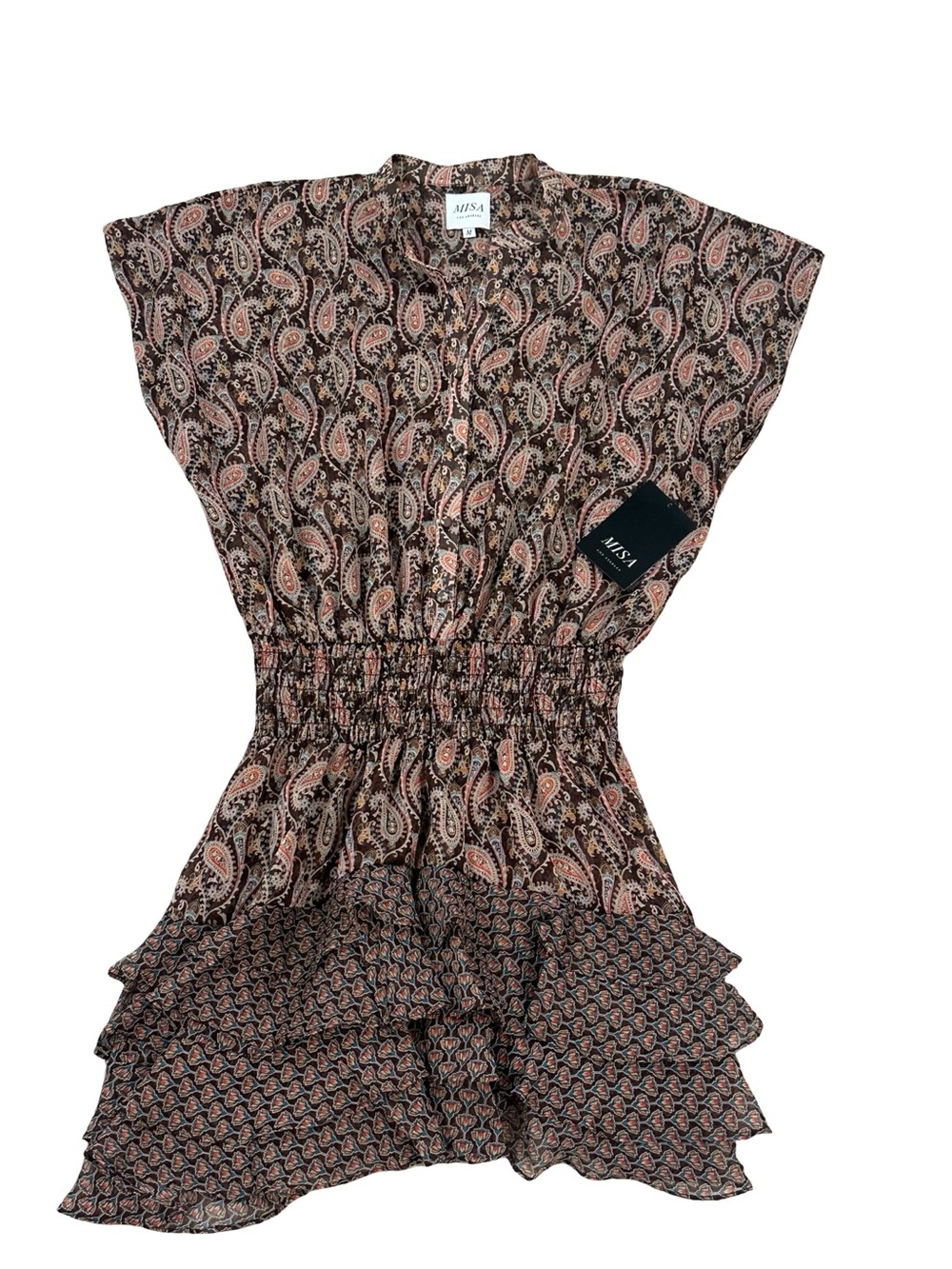 NWT Misa Los Angeles Women’s Medium Brown Paisley Shirred Waist Tunic Dress